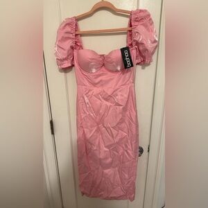 Puff sleeve bodycon midi dress pink